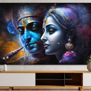 Sacred Krishna And Radha Canvas Hindu Vaishnavite Tradition Wall Art Decor Hindu Divine Couple Extra Large Religious Canvas Abstract Print