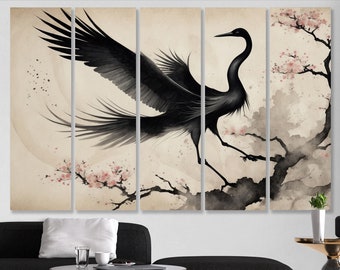 Canvas Crane In Chinese Traditional Style in Black White Chinoiserie Wall Art Japan Modern Framed Canvas Sakura Print Room Decor Asian Gift