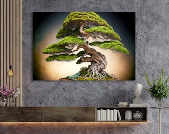 Bonsai Tree Canvas Oriental  Art Print Abstract Bonsai Wall Art Tree With Green Leaves Canvas Ready to Hang for Living Room Wall Art Decor