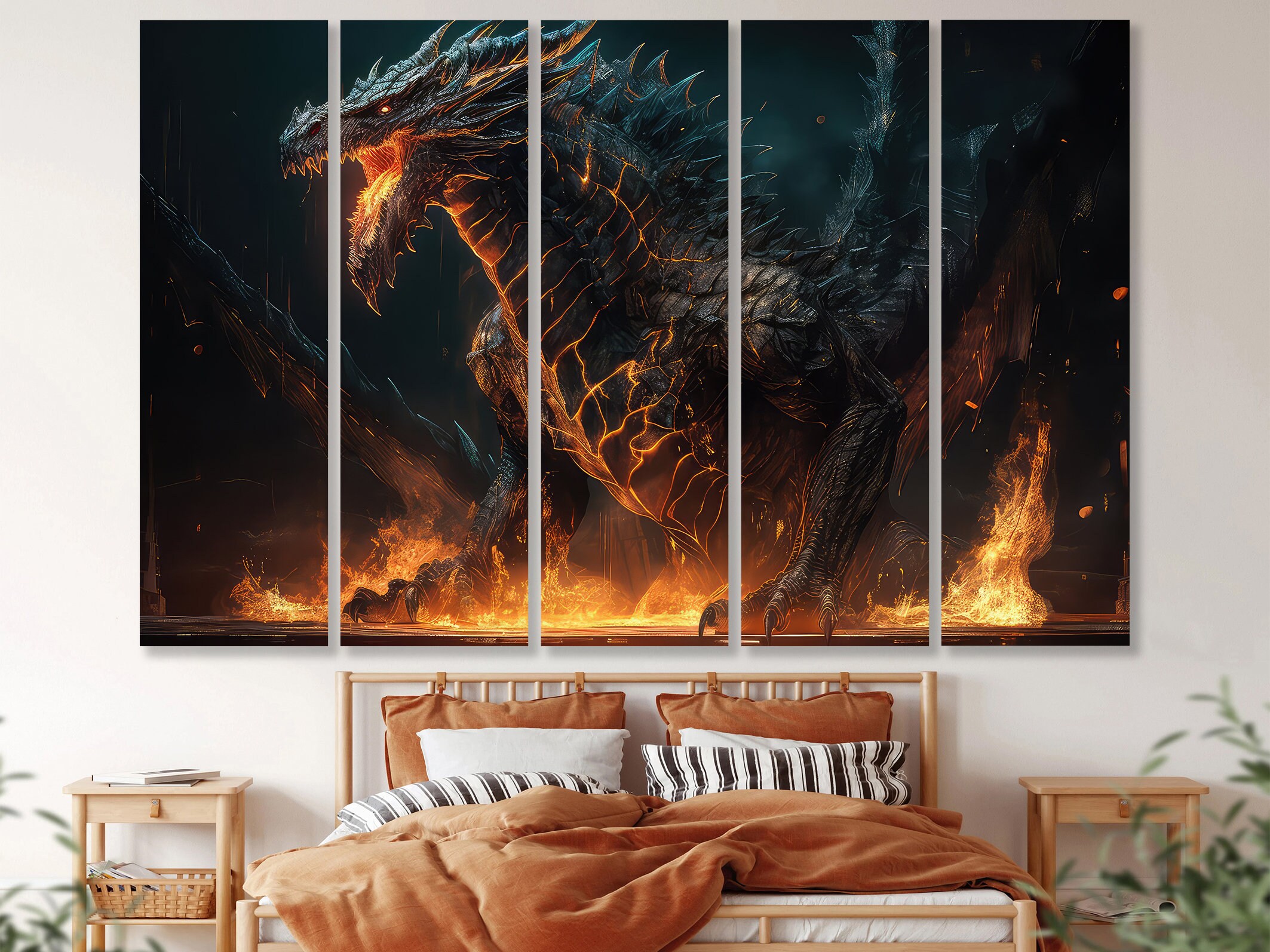 Fire Breathe Black Dragon Canvas Wall Art Decor Fantasy Dragon Print ...