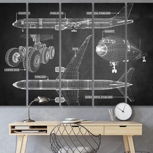 May include: A black and white line drawing of an airplane, broken down into sections, showing the different parts of the aircraft. The drawing includes labels for the cockpit, fuselage, landing gear, vertical stabilizer, and horizontal stabilizer.