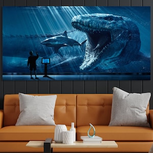 Mosasaurus Framed Canvas Prints Jurassic Dinosaur Wall Art Kids Room Nursery Print Digital Art Office Home Work Gift For Him Gamer Teen Gift