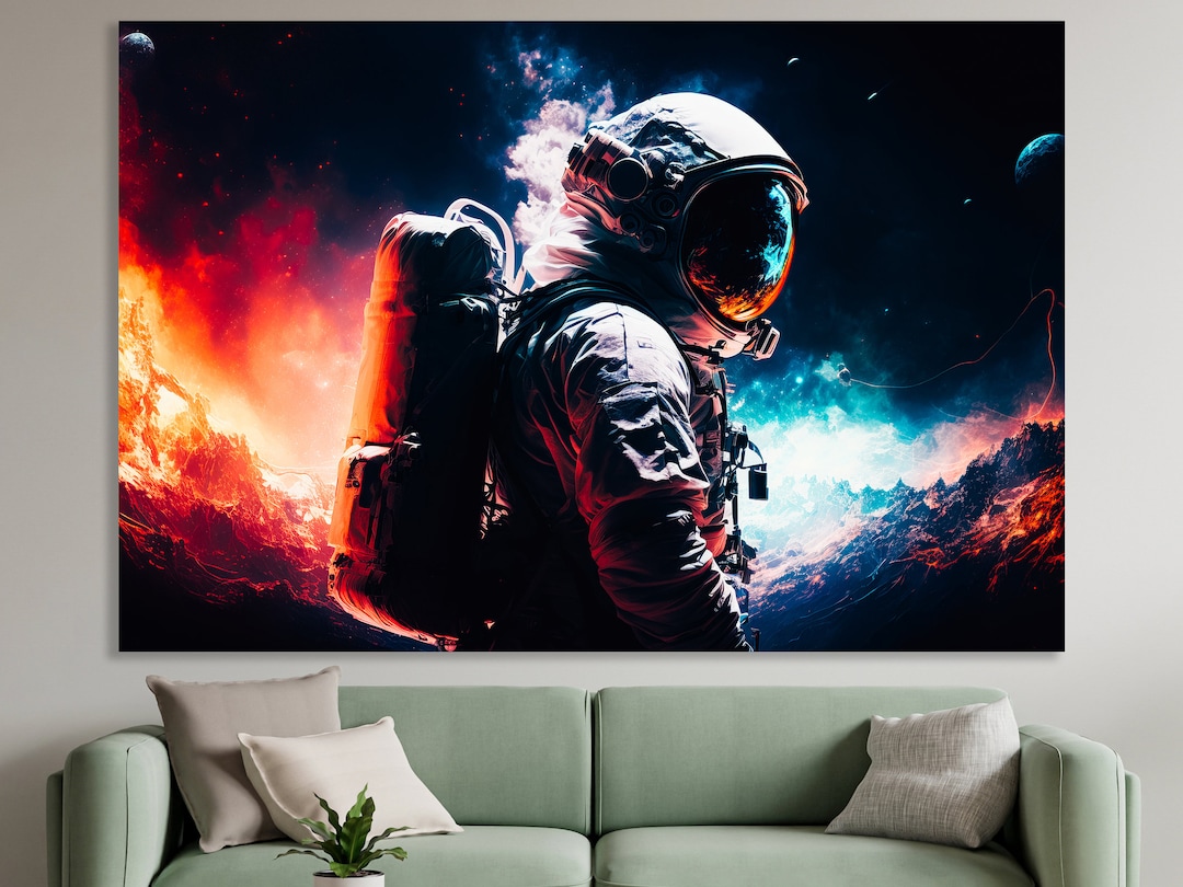 Astronaut Spacewalk in Colorful Galaxy Sky Framed Canvas Wall Art ...