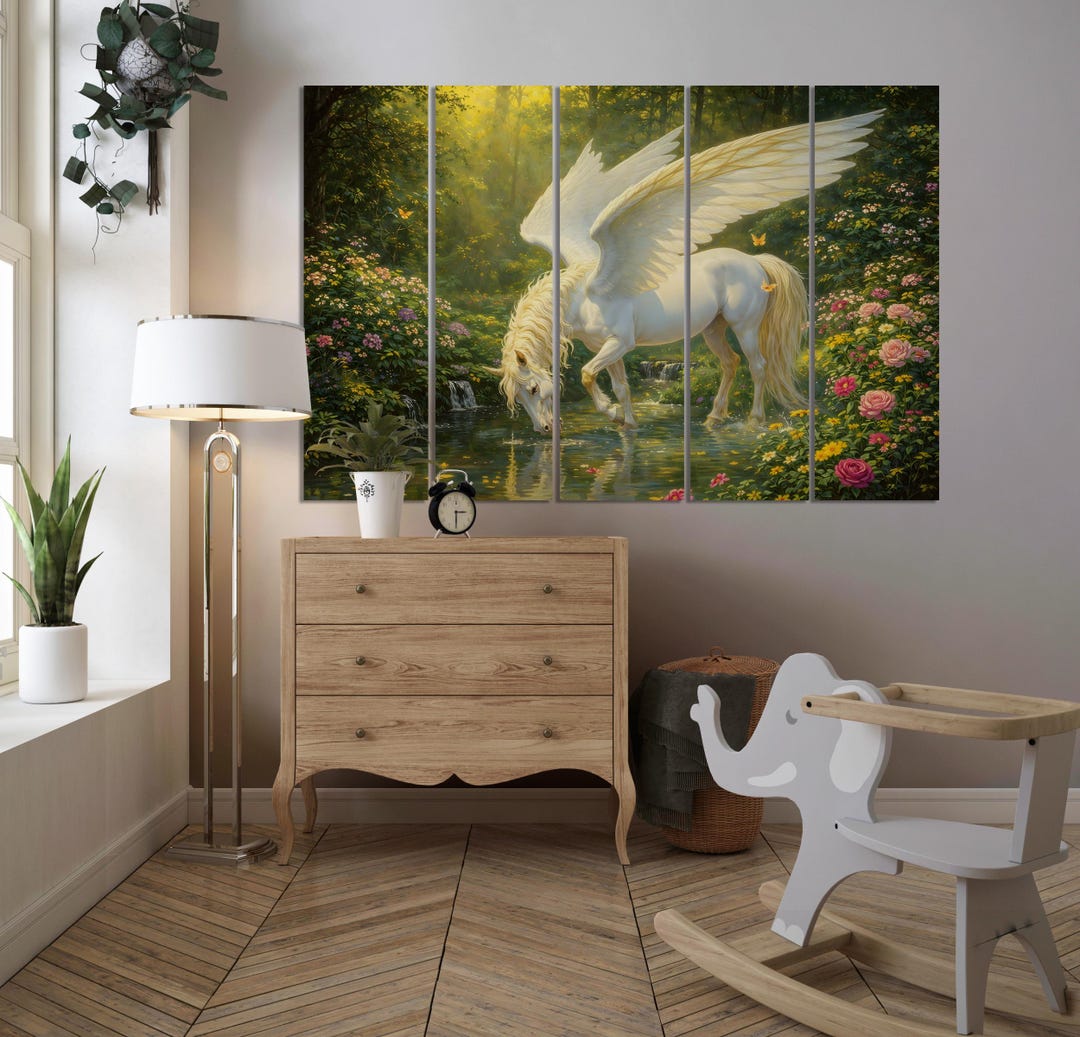 White Pegasus Canvas Wall Art Mythical Winged Horse in Enchanted Forest ...