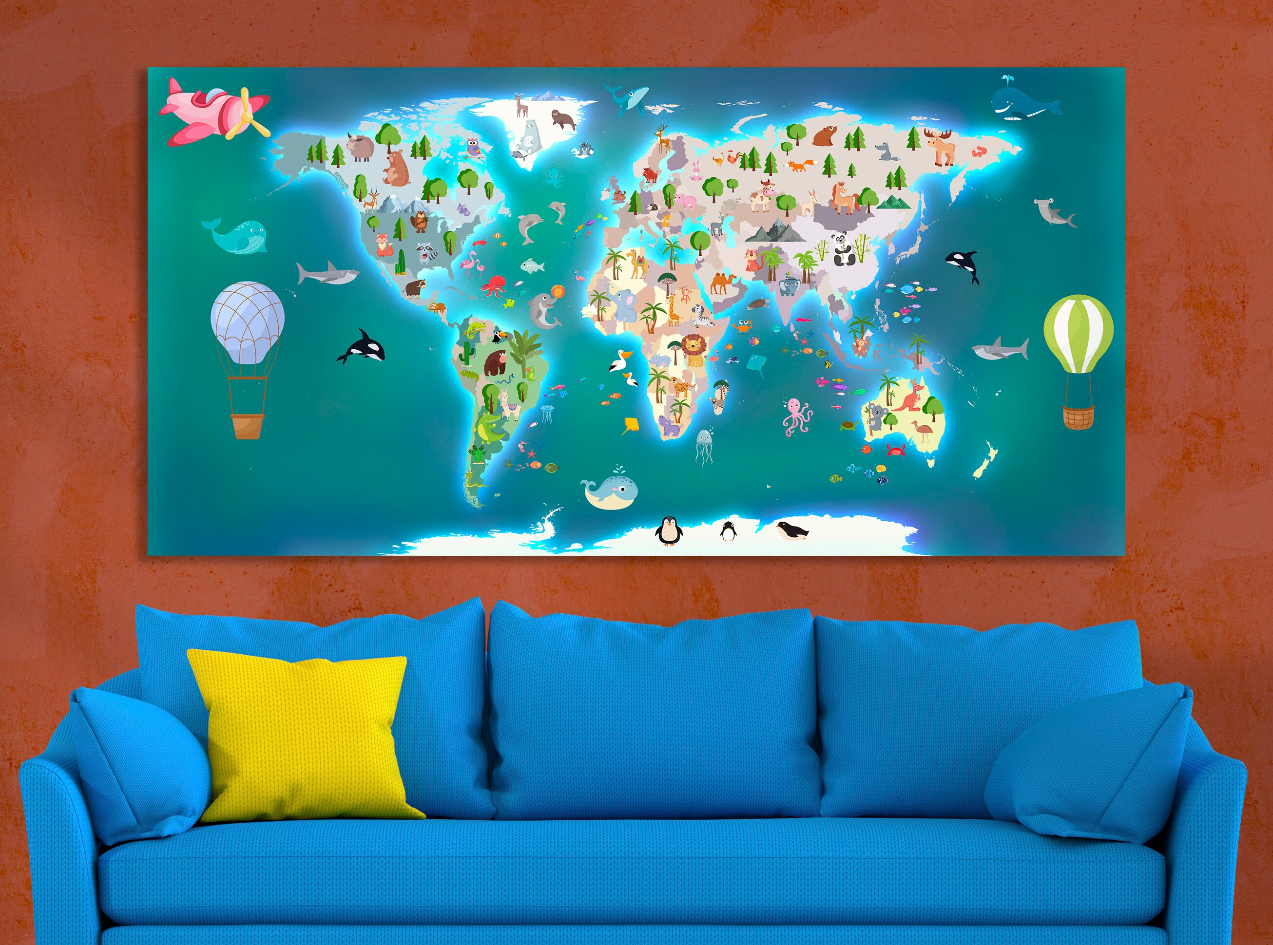 Kids World Map Canvas Azure Map Animal World Map Nursery World Etsy