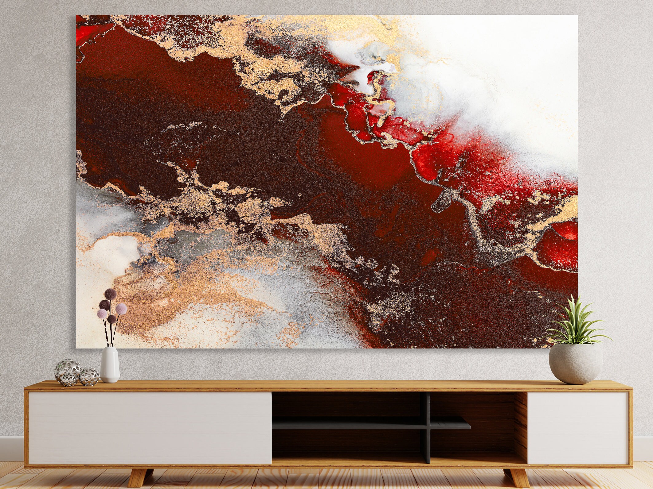 Exquisite Red Marble Abstract Canvas Dark Red Wall Art Print Red and Gold Marble Wall Decor