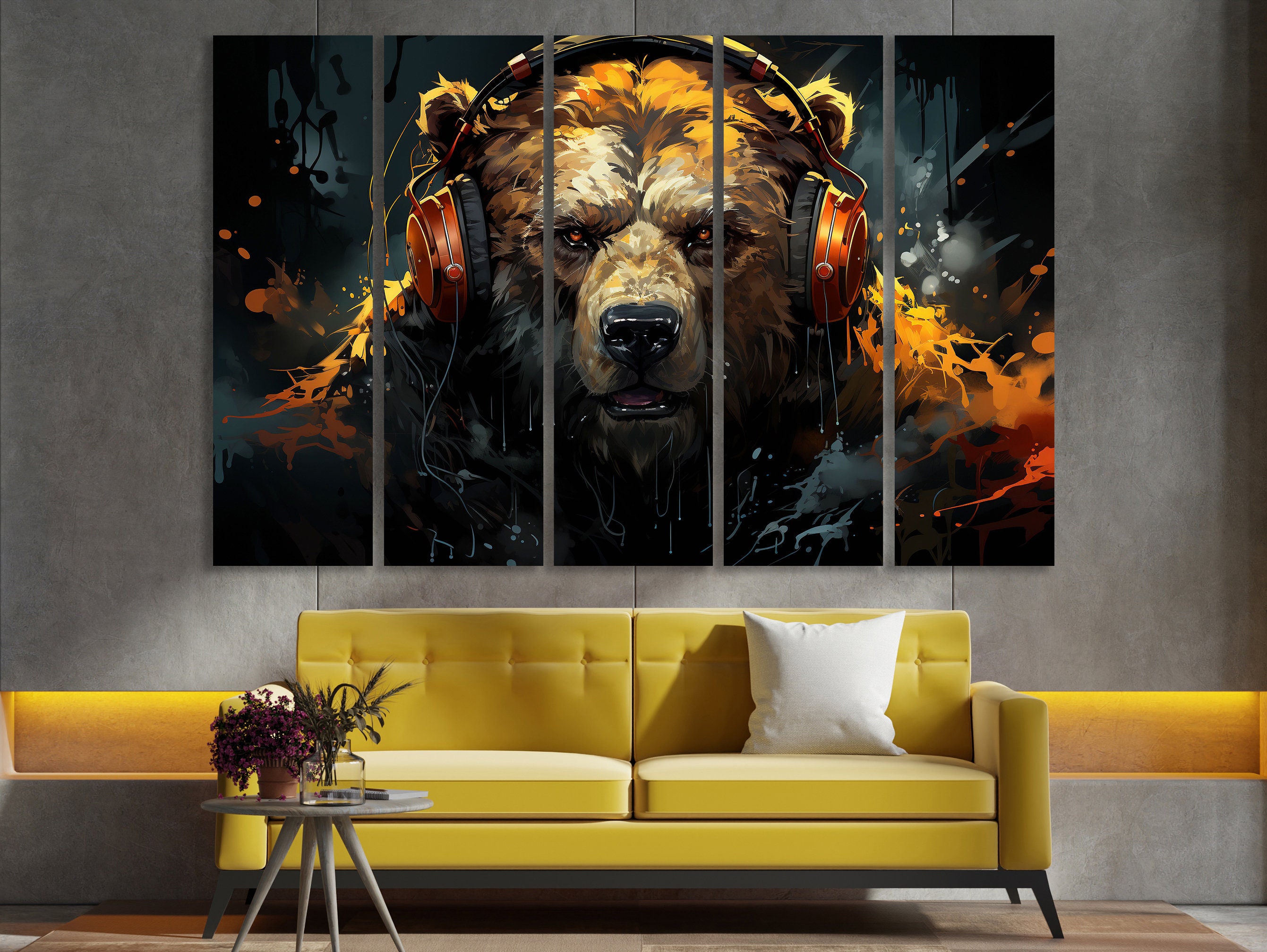 Grumpy Bear Canvas Wall Art Abstract Bear With Headphones Extra Large
