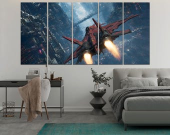 Arte de parede em tela com nave espacial de ficção científica, estampa futurista de caça espacial, decoração cyberpunk para sala de jogos.