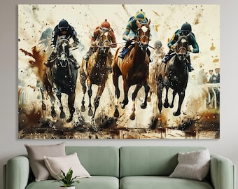Horse Racing With Jockeys Canvas Vintage Horses Framed Canvas Animals Art Gift Idea Office Dynamic Motion Equestrian Sport Decor Wall Art