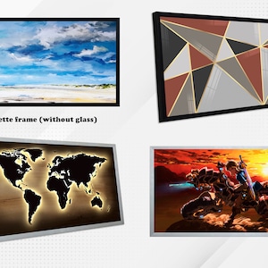 May include: Four framed art prints. Top left: a seascape painting with blue sky and clouds. Top right: an abstract geometric design in gray, red, and gold. Bottom left: a world map with illuminated continents. Bottom right: a fantasy scene.