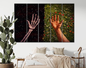 Life and Death Canvas Wall Art Skeleton Hand Human Hand Print Surreal Dark Art Philosophical Wall Decor Floral Contrast Modern Canvas