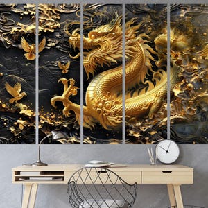 Dark and Gold Dragon Wall Art 3D Chinese Fantasy Canvas Mythical Creature Elegant Asian Style Living Room Bedroom Hallway Wall Decor