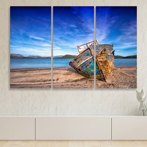 Old Boat on the Beach Canvas Ocean Beach Canvas Sea Wall Art Relaxing ...