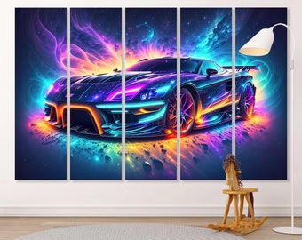 Colorful Super Car Canvas Print Wall Art Canvas Sport Car Abstract Colorful Car With Neon Design Car Wall Art Decor for Game room Racing Car