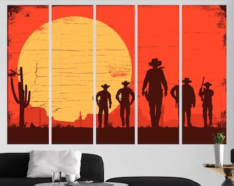 Sunset Cowboys Canvas Western Wall Art Vintage Wild West Fan Gift Rustic Country Landscape Wild West Wall Decor Living Room Gift Idea