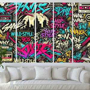 Arte mural de lienzo con grafiti, aerosol de hip hop y collage de arte callejero colorido de los 90, decoración moderna para habitación, pintura urbana genial sobre lienzo.