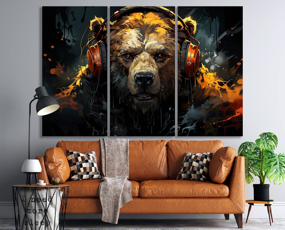 Grumpy Bear Canvas Wall Art Abstract Bear With Headphones Extra Large