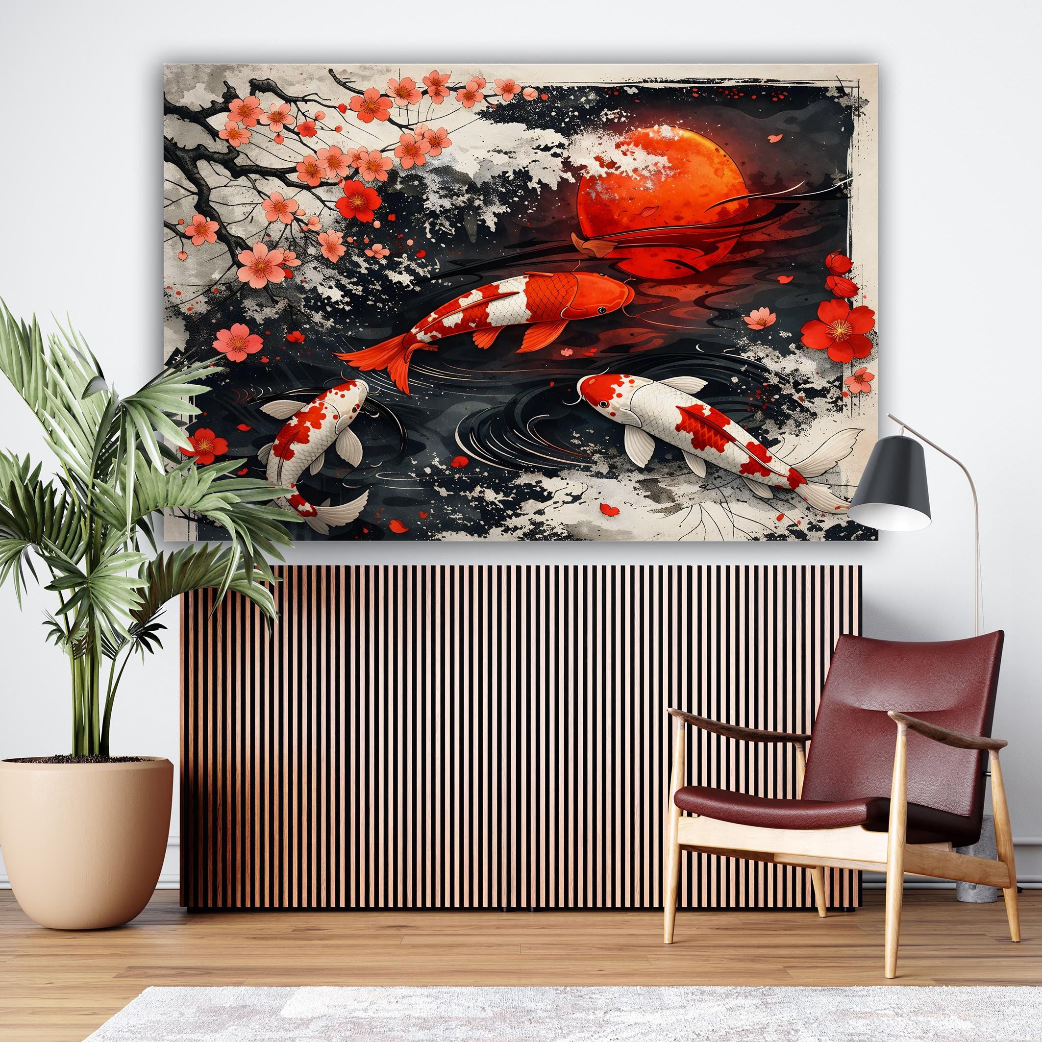 Japanese Koi Fish Canvas Wall Art Set, Red Moon Sakura Koi Painting ...