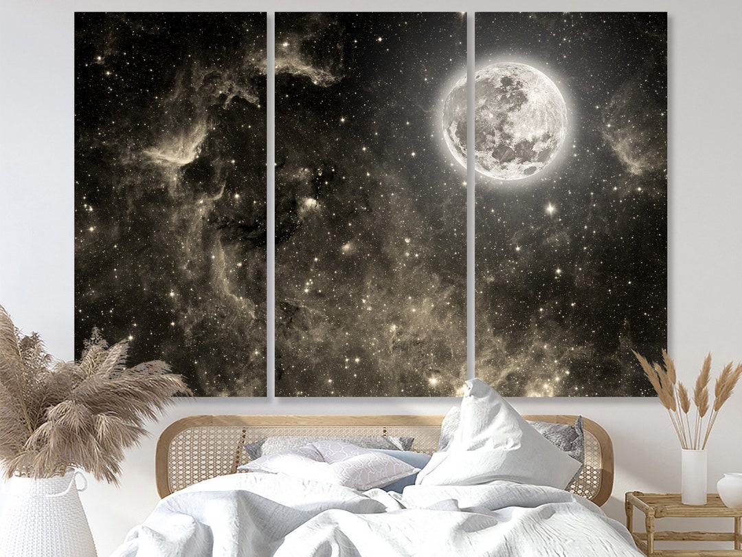 Moon With Stars Canvas Print Night Sky With Stars Wall Art Decor Cosmic ...