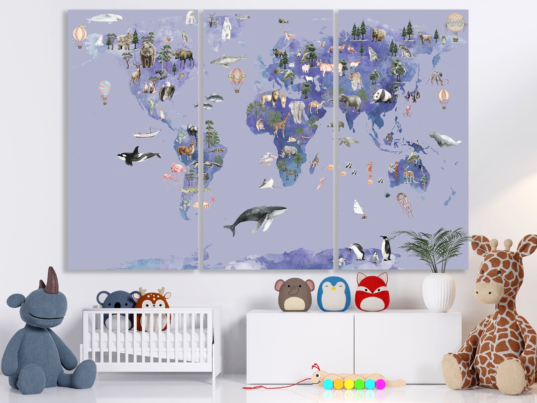Nursery World Map Canvas Animal World Map Kids World Map Decor Large ...