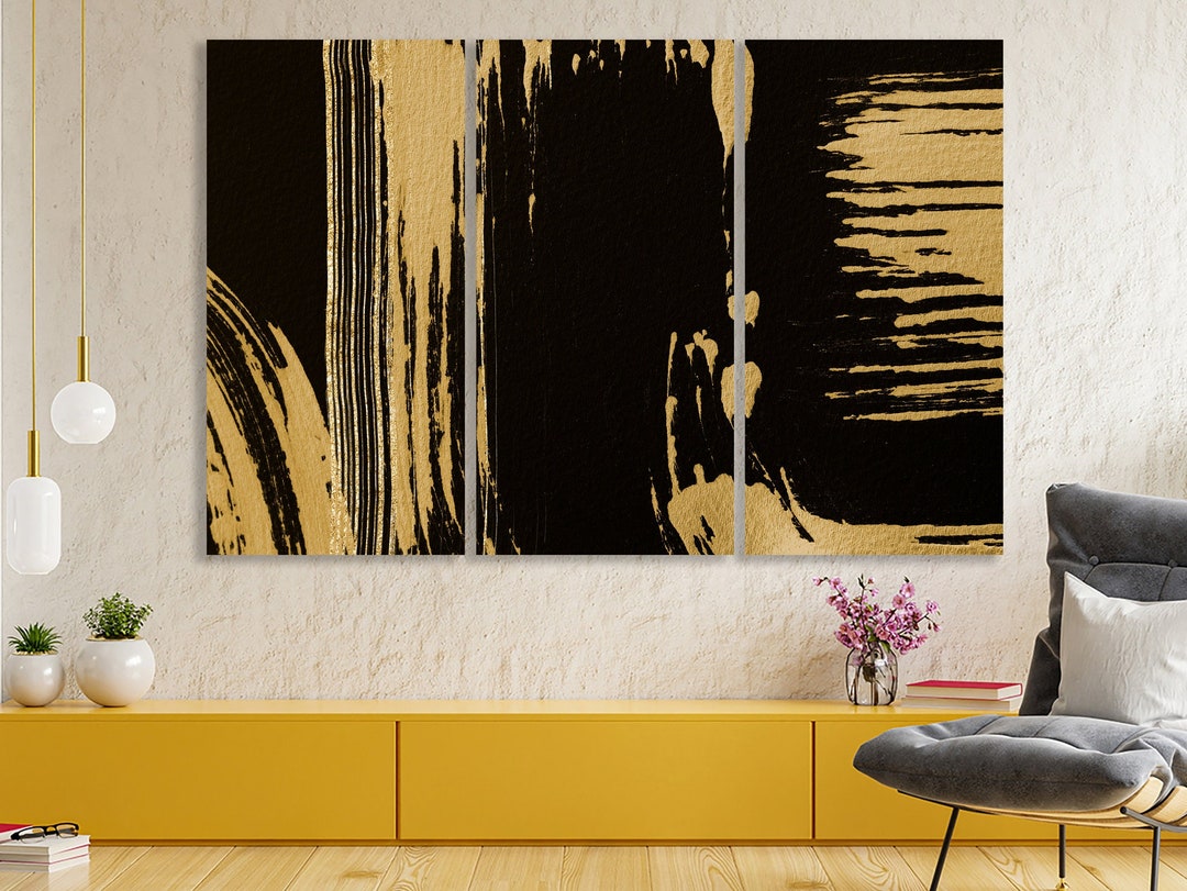 Black and Gold Abstract Canvas Modern Wall Art Brush Decor - Etsy