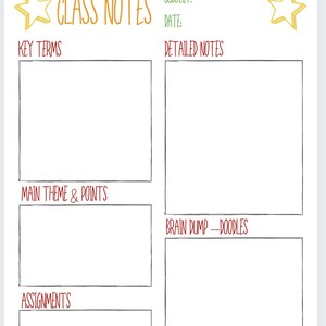 May include: A printable class notes template with sections for key terms, detailed notes, main theme and points, brain dump doodles, and assignments. The template has a blue and white border with stars in the corners.