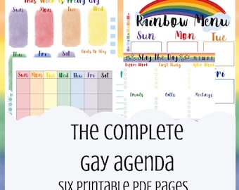 May include: A printable planner with a rainbow theme and the text "The Gay Agenda" and "Have a Gay Day, Yall". The planner includes sections for daily tasks, weekly goals, and a rainbow menu.