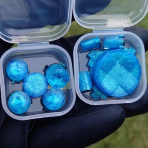 May include: Two clear plastic containers, each open, revealing blue, iridescent plugs and accessories. The containers are held by a gloved hand against a blurred green background. The plugs are various shapes and sizes.