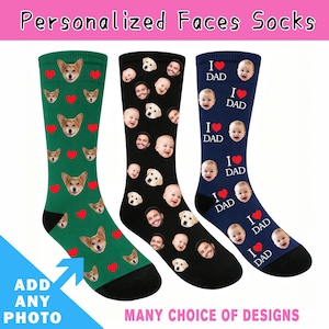 May include: Three pairs of crew socks featuring custom photo prints. The green pair has corgi faces and red hearts. The black pair displays various human and dog faces. The navy blue pair features baby faces with the text I heart DAD.
