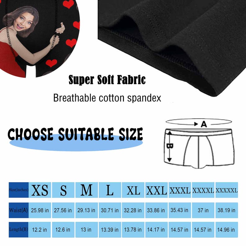 Peut inclure: Tableau des tailles pour sous-v&ecirc;tements avec des mesures en pouces. Le tableau indique les mesures de la taille et de la longueur pour les tailles XS &agrave; XXXXXL. Le texte "Super Soft Fabric" et "Breathable cotton spandex" est &eacute;galement visible.