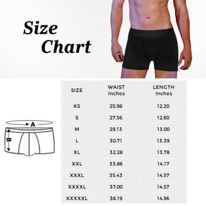 Puede incluir: Tabla de tallas para ropa interior con medidas en pulgadas. La tabla muestra las medidas de cintura y longitud para las tallas XS a XXXXXL.