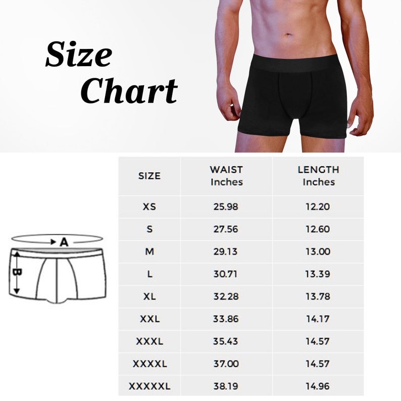 Puede incluir: Tabla de tallas para ropa interior con medidas en pulgadas. La tabla muestra las medidas de cintura y longitud para las tallas XS a XXXXXL.