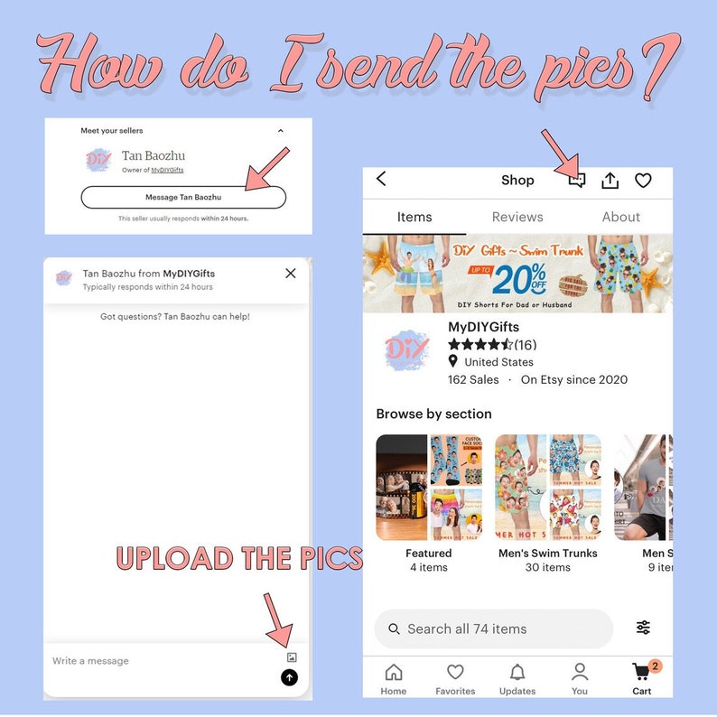 Peut inclure: Capture d'&eacute;cran d'un t&eacute;l&eacute;phone mobile montrant une boutique Etsy appel&eacute;e MyDIYGifts. La boutique vend des maillots de bain personnalis&eacute;s avec une r&eacute;duction de 20%. La boutique a r&eacute;alis&eacute; 162 ventes et est sur Etsy depuis 2020. La boutique propose une section pour les articles en vedette, les maillots de bain pour hommes et les chemises pour hommes. La boutique dispose &eacute;galement d'une barre de recherche et d'une ic&ocirc;ne de panier.
