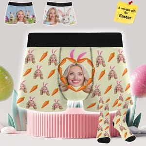 May include: A set of personalized Easter-themed underwear and socks. The underwear features a yellow background with a repeating pattern of carrots and bunny ears with a face in the center. The socks have a similar pattern. The text "A unique gift for Easter" is visible in the upper right corner.