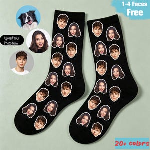 May include: A pair of black crew socks featuring a repeating pattern of various human faces printed across the fabric. The socks have a ribbed cuff at the top and are displayed alongside circular photo examples of a dog and two people.