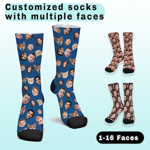 May include: Customized socks with multiple faces. The socks feature a blue background with a repeating pattern of various human and pet faces. The socks have black toe and heel sections. Text on the image reads: Customized socks with multiple faces.