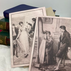 2 x Jane Austen's Mansfield Park reproductie geïllustreerde wenskaart - van J M Dent 1892 Boekillustraties - Notitiekaarten