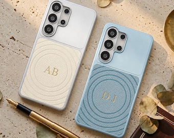 Custom Magnetic Leather Case for Samsung S26 S25 S24 Ultra S23, Personalized Gold Foil Monogram Ripple Cover, Premium Gift for Him Her