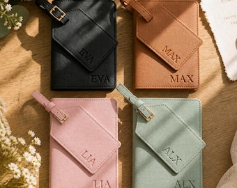 Personalized Saffiano Leather Passport Case and Luggage Tag Set, Honeymoon Couple Set,Engagement Gift,Family Pack, Customized Name Gifts