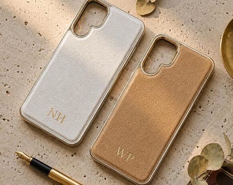 Personalized Samsung Galaxy S25 S24 S26 Leather Case, Custom Initial Monogram Cover for Ultra Edge Plus, Custom Embossed Gift for Her or Him