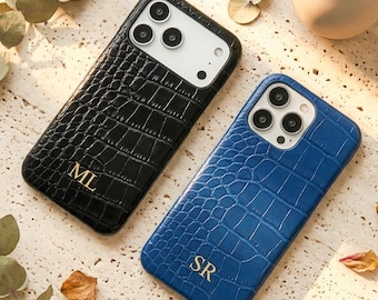 Personalized Faux Croc Leather iPhone 17 16 15 Pro Max Case, Custom Initial Gold Foil Embossed Phone Cover, Luxury Father's Day Gift for Him