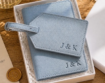 Personalized Passport Cover & Luggage Tag Blind-Debossed Travel Gift | Wedding Favor Saffiano PU Leather, Bridesmaid Gift
