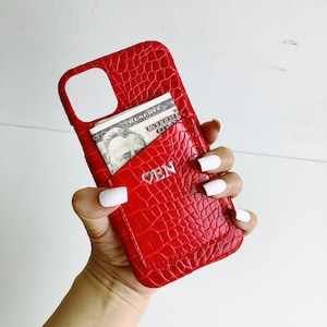 Funda de piel de cocodrilo con bolsillo personalizada para teléfono, funda para iPhone con monograma para tarjeta de crédito, funda para iPhone con billetera con iniciales