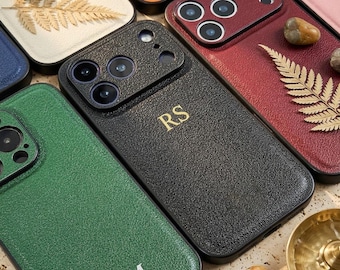 Personalized Vegan Leather iPhone Case | Custom Gold Foil Embossed Monogram | Luxury Lychee Texture Phone Cover | Gold or Silver Frame