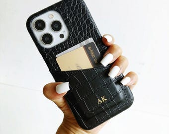 Personalized Leather iPhone 17 Air 16 15 Pro Max Case with Card Holder Custom Monogrammed Luxury Crocodile Pebble Phone Cover Gift for Her