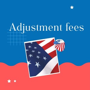 May include: A graphic with the text "Adjustment fees" in white against a blue background. A red, white, and blue American flag is partially visible in the lower right corner of the image. The flag is in a white frame. There are white stars in the upper right and lower left corners of the image.