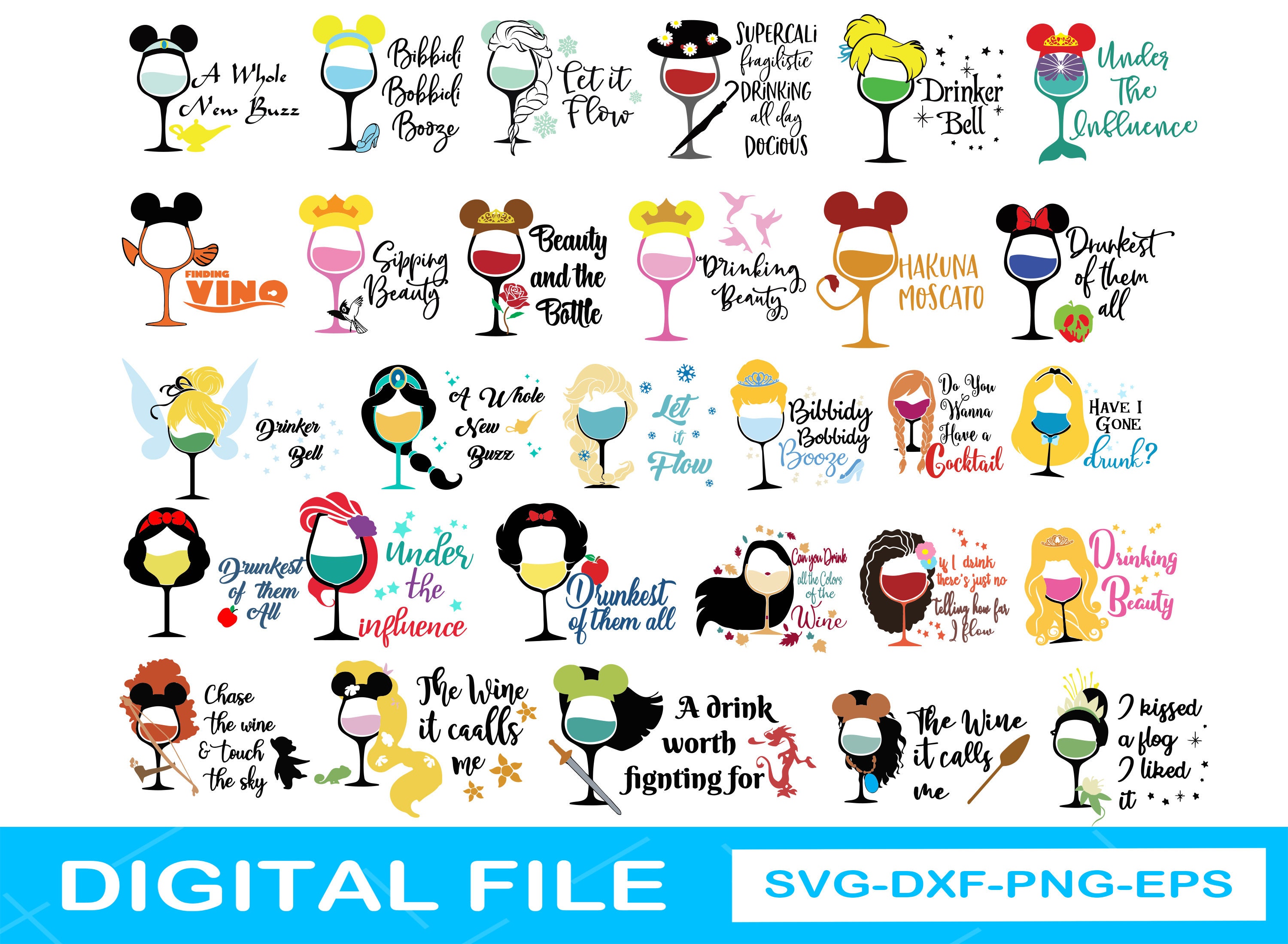Disney wine glass bundle svg Disney princess bundle Disney Etsy