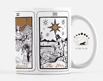 Taza de cerámica con la carta del Tarot: Taza de café de bruja con la estrella, los amantes, la sacerdotisa y el mago