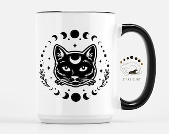 Witchy Black Cat Mug: Moon Phase Gothic Coffee Mug