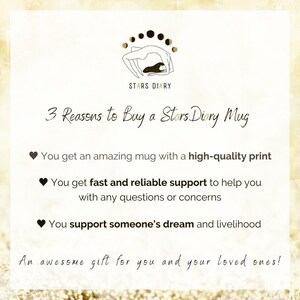 May include: A graphic with a black and white illustration of a woman in a yoga pose with a crescent moon design. The text "STARS DIARY" is below the illustration. The text "3 Reasons to Buy a Stars Diary Mug" is in black cursive font. Three bullet points with hearts are listed below the text. The bullet points list the reasons to buy a mug: "You get an amazing mug with a high-quality print", "You get fast and reliable support to help you with any questions or concerns", and "You support someone's dream and livelihood". The text "An awesome gift for you and your loved ones!" is at the bottom of the graphic.